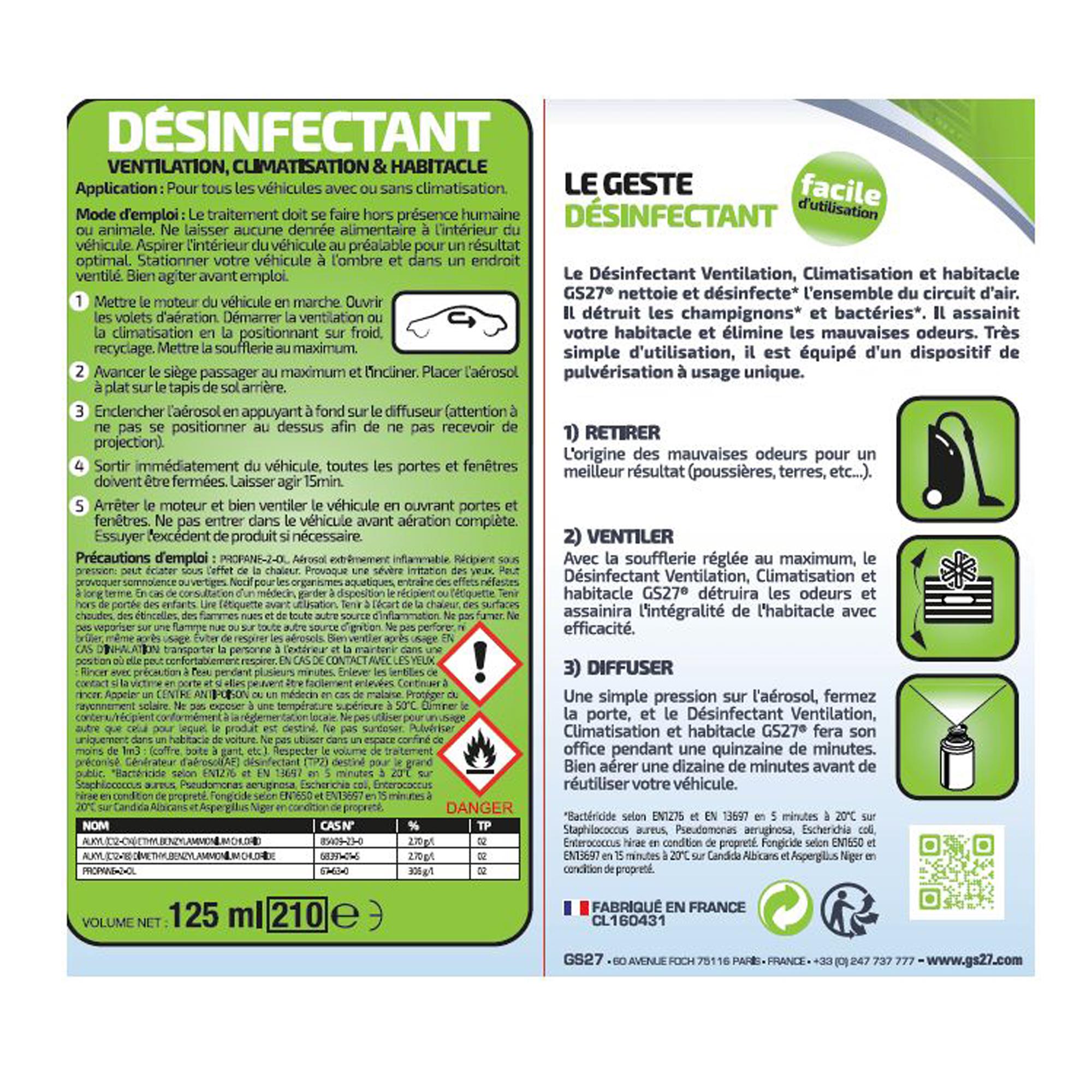 Désinfectant Ventilation, Climatisation et Habitacle nettoyant parfum monoi 125 ml - GS27 CL160431