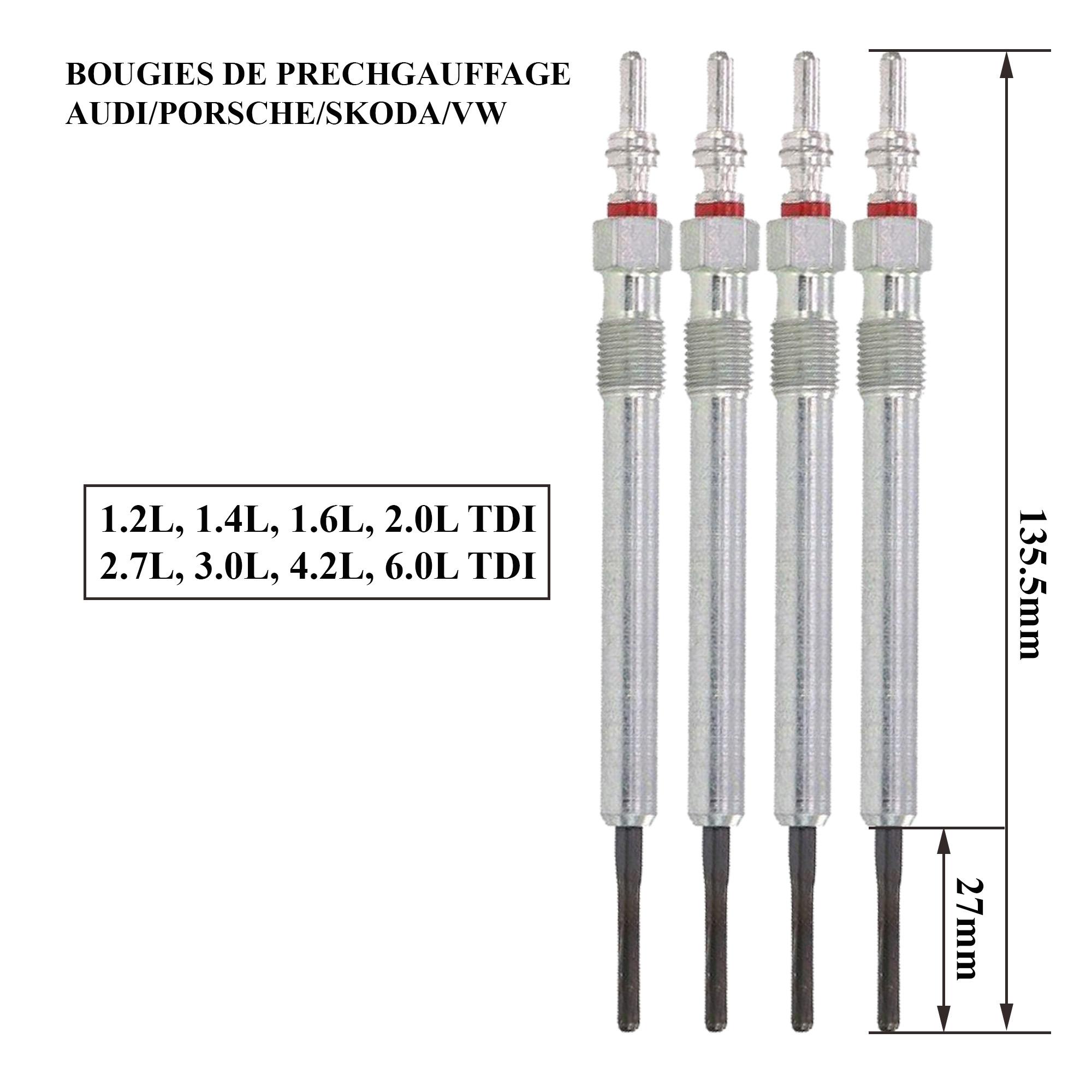 Lot de 4 Bougies de préchauffage pour Audi, Seat, Skoda, VW 1.6, 2.0, 2.7, 3.0 TDi PARTSLINE KC00661